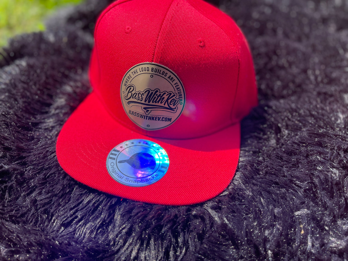 BASSWITHKEV RED FLAT BILL SNAPBACK HAT GOLD & BLACK BADGE
