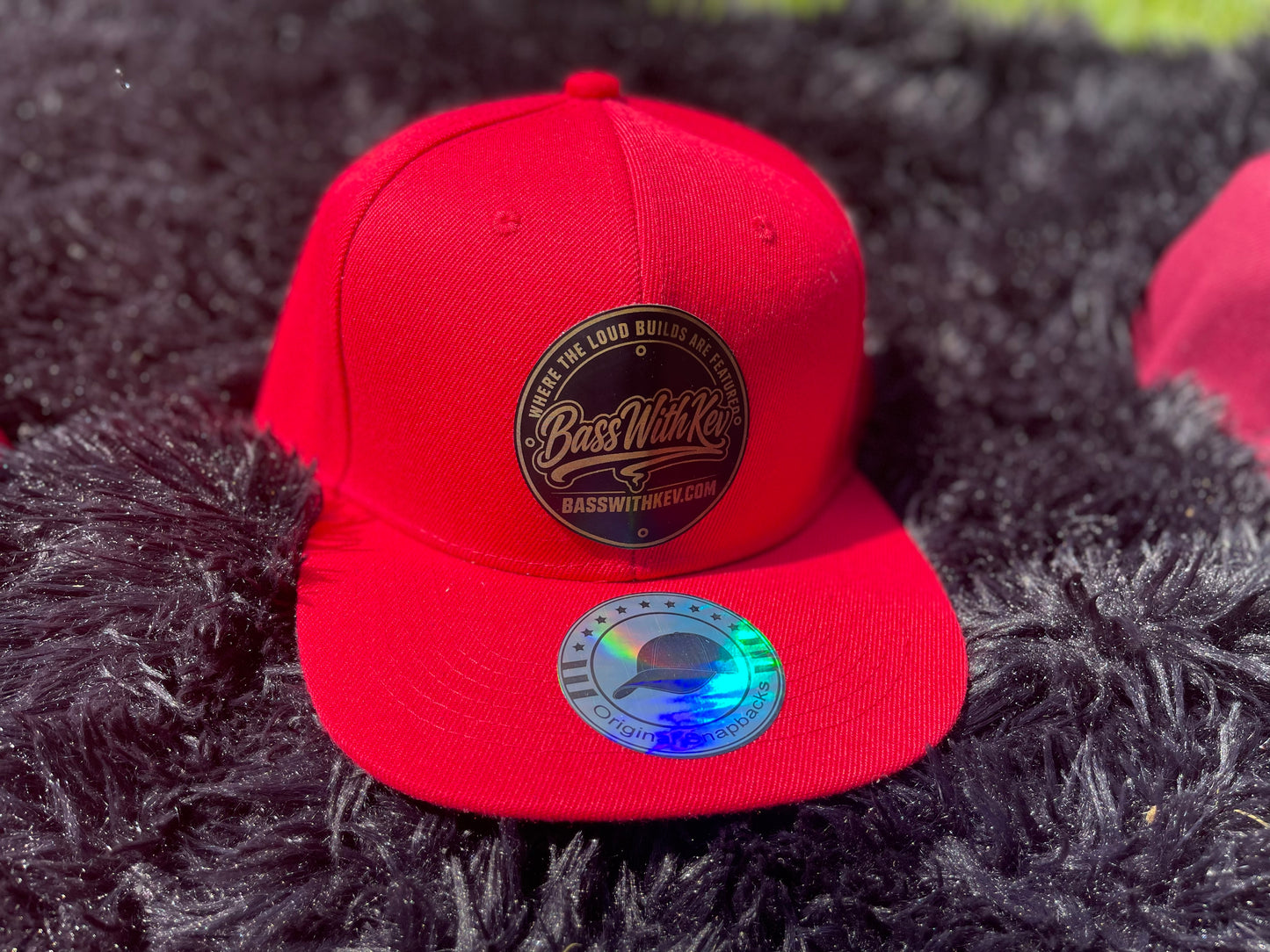 BASSWITHKEV RED FLAT BILL SNAPBACK HAT BLACK & GOLD BADGE