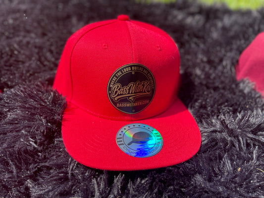 BASSWITHKEV RED FLAT BILL SNAPBACK HAT BLACK & GOLD BADGE