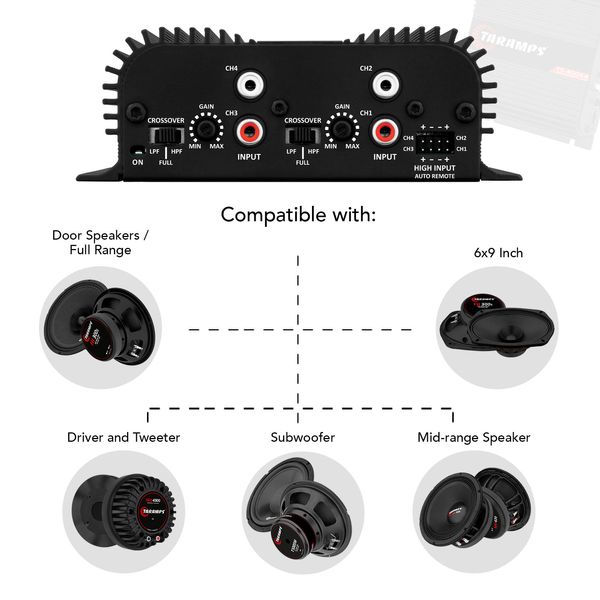 TARAMPS TS 400X4 2 OHMS BLACK VERSION 4 CHANNELS 400 WATTS RMS CAR AUDIO AMPLIFIER HIGH INPUT LEVEL