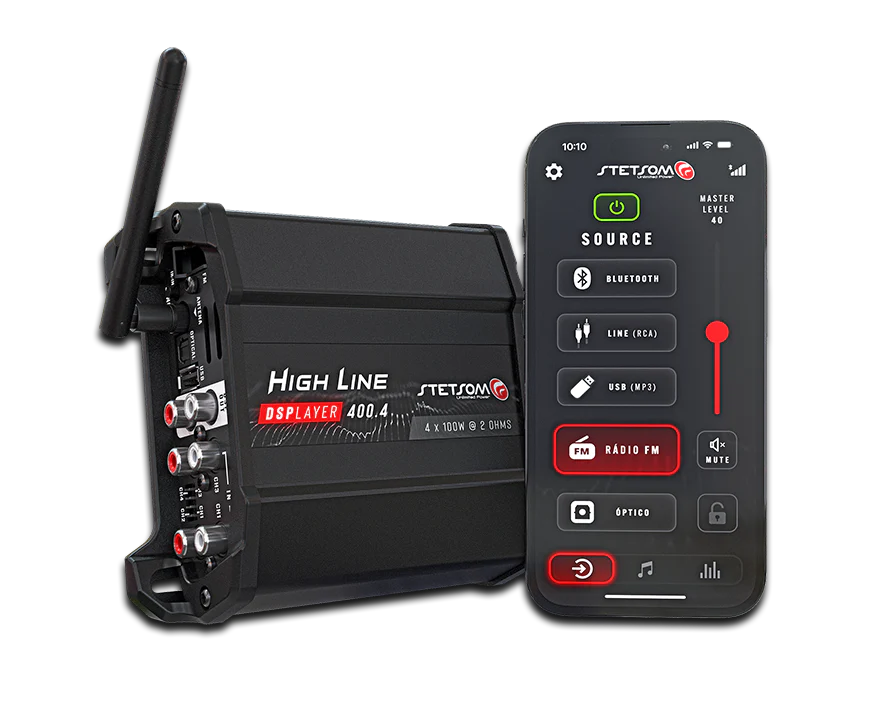 STETSOM High Line DSPLAYER 400.4, Car Audio Amplifier with DSP, Bluetooth, FM Radio, Multiple Audio Inputs, Mobile App Control